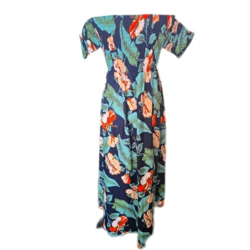 Cupshe Navy Tropical Hibiscus‎ Smocked  Maxi Dress L